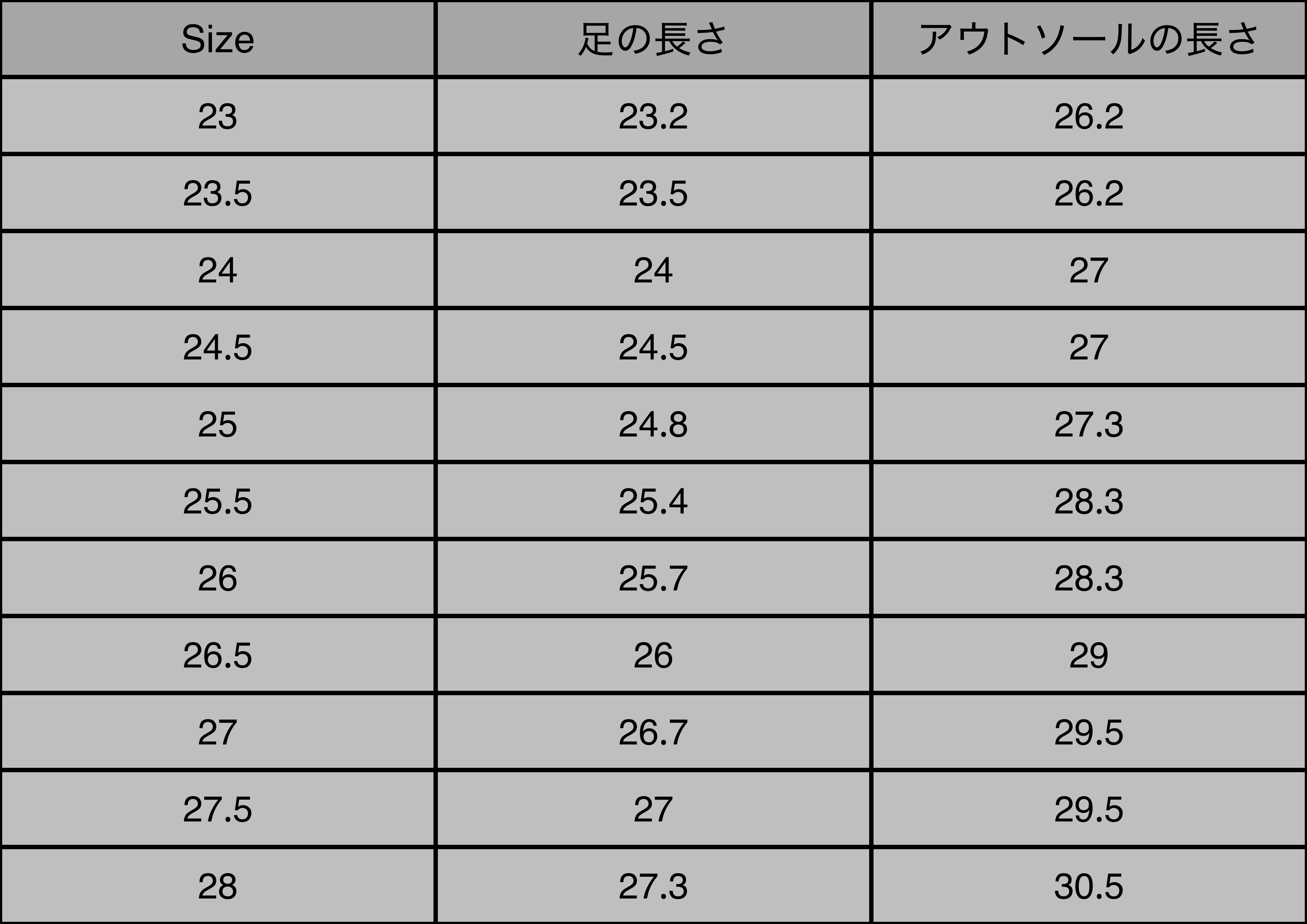 Men's slip-on size chart (cm)