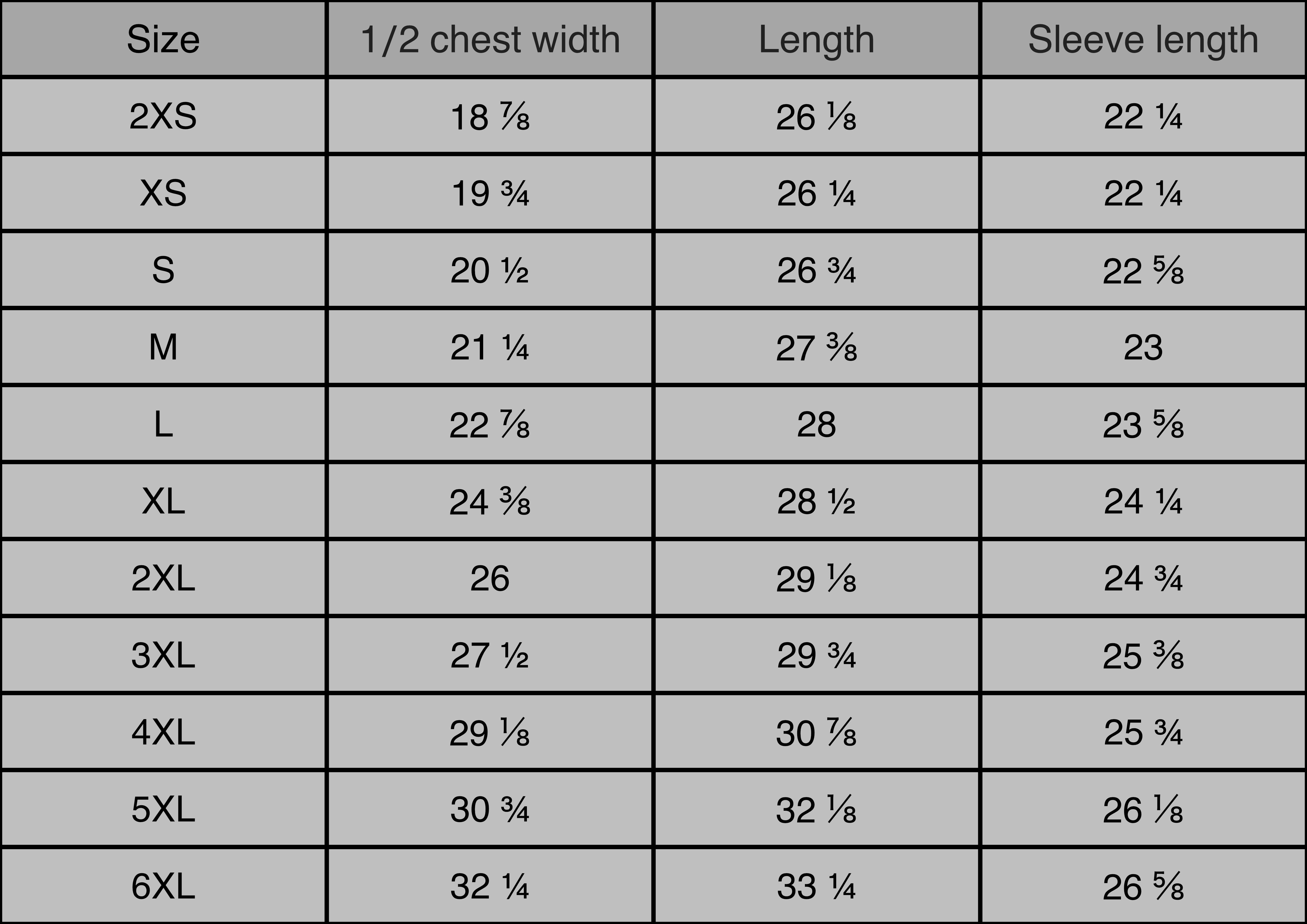Unisex hoodie size chart (inch)