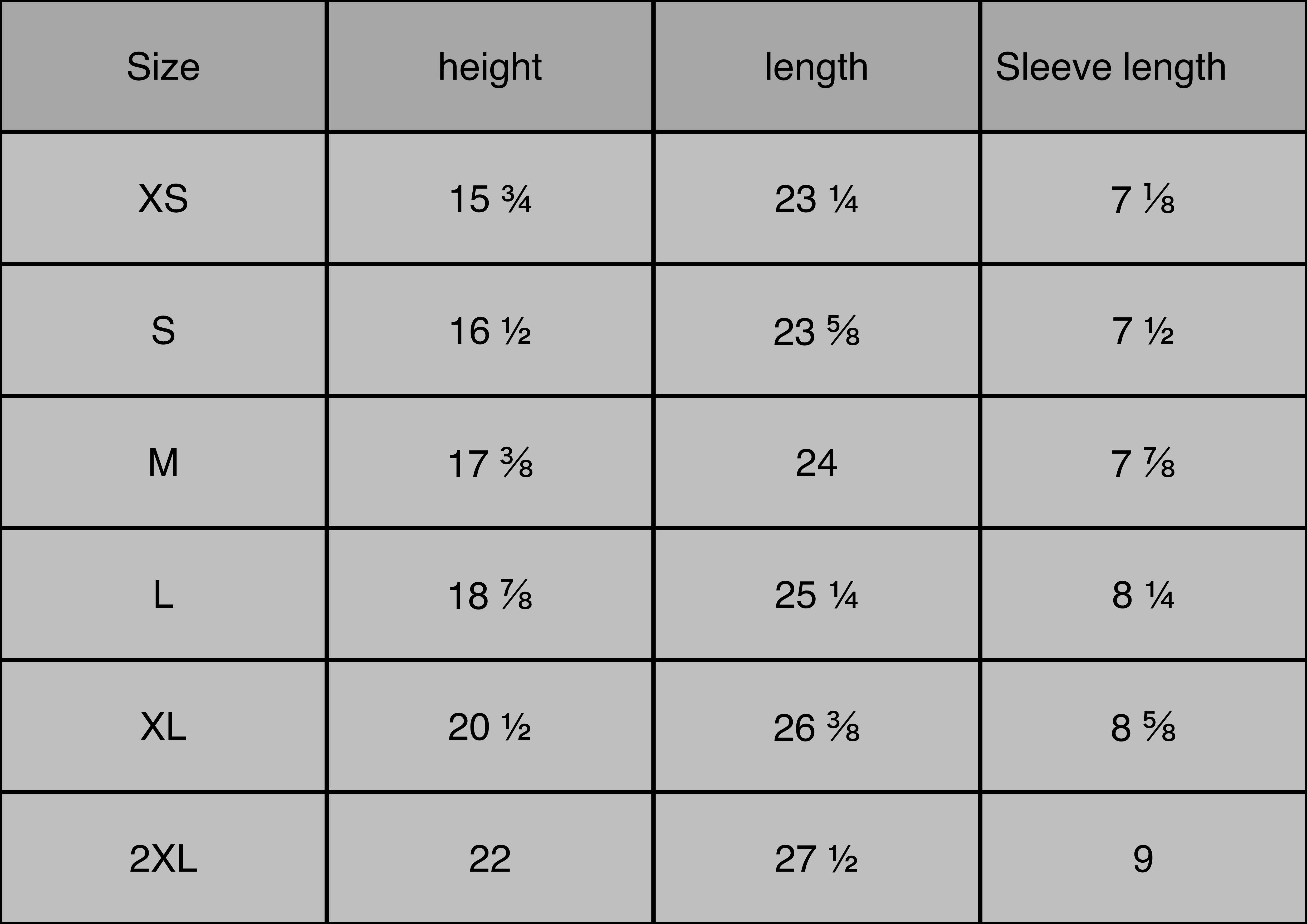 Women's tee size chart (inch)