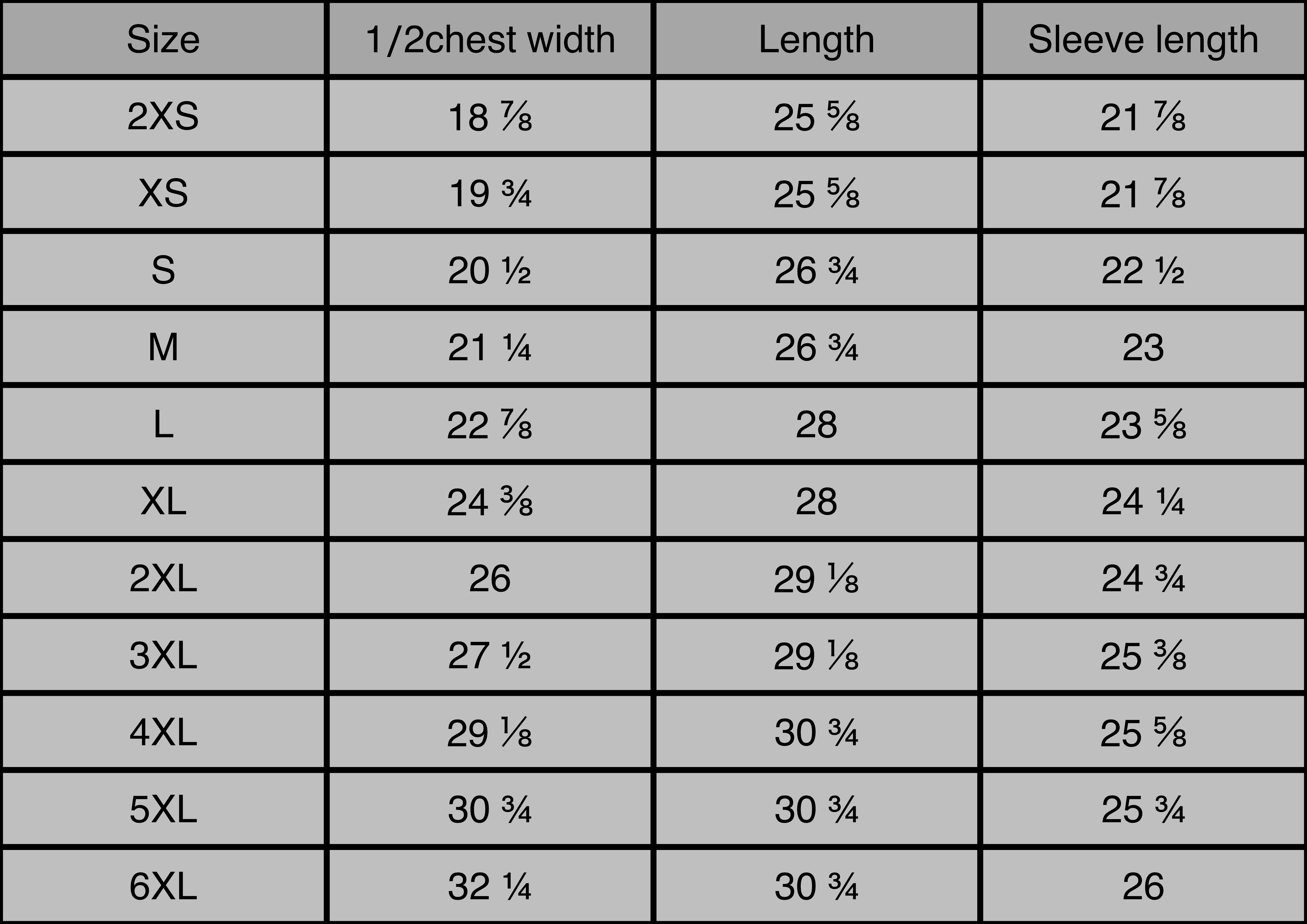 Zip hoodie size chart (inch)